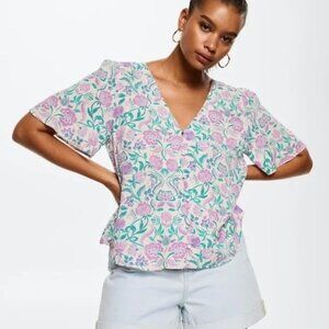 Mango  Floral Button Front V Neck Blouse